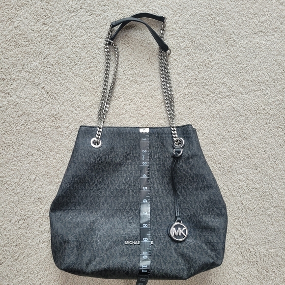 Michael Kors Silver Chain Tote Bag Black MK Logo Canvas Convertible Straps - Picture 6 of 8